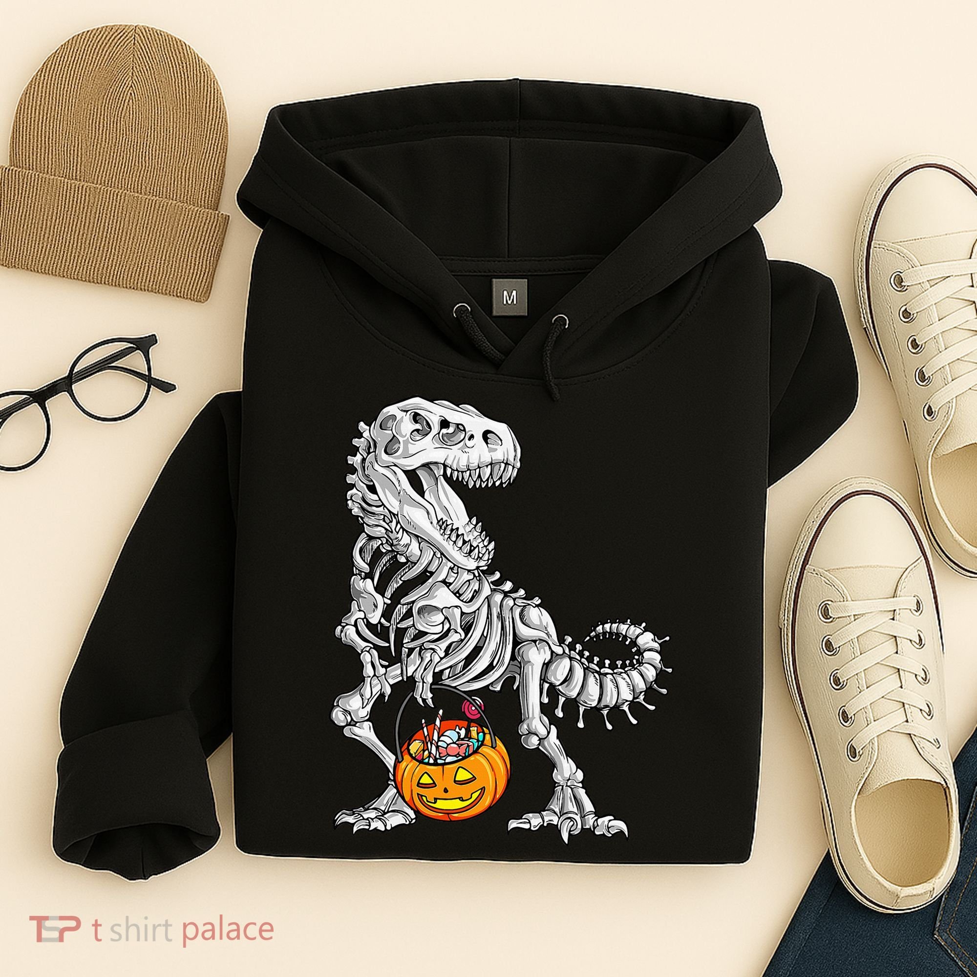 Kids Halloween Dinosaur Skeleton T Rex Funny Pumpkin Hoodie