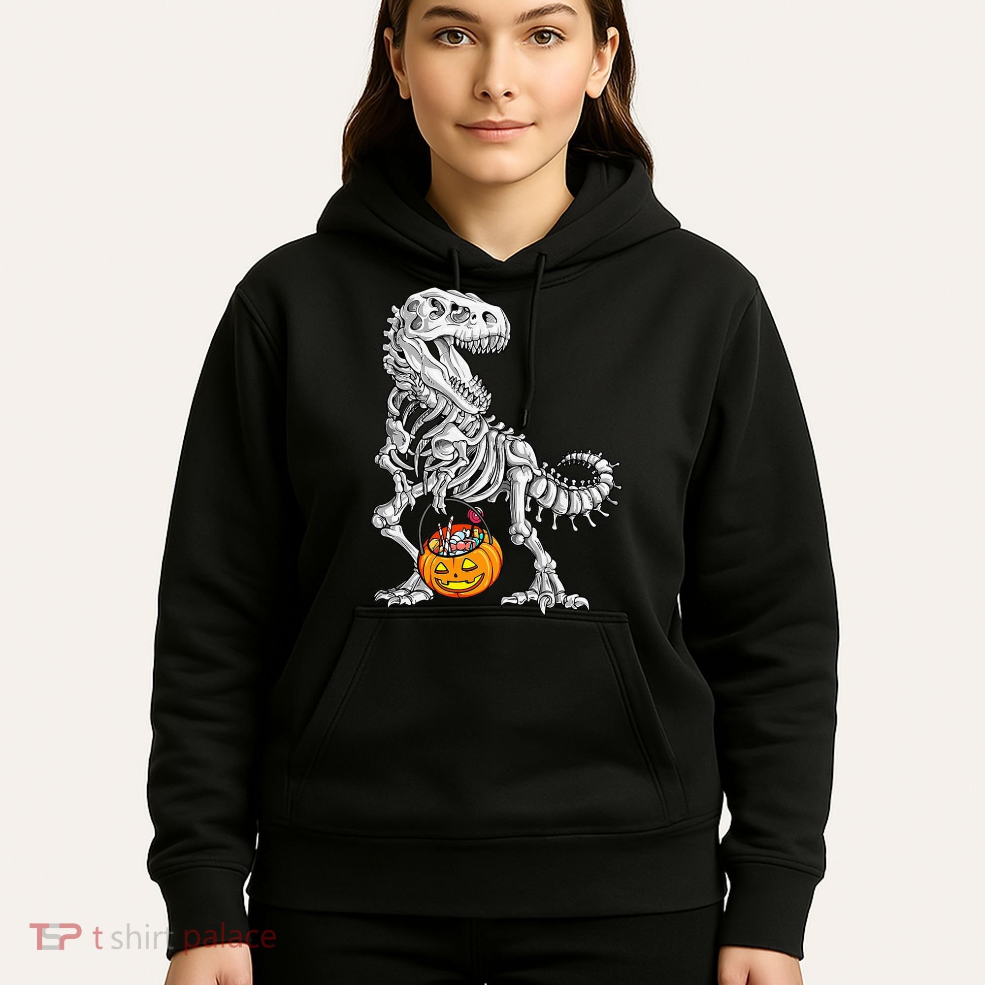 Kids Halloween Dinosaur Skeleton T Rex Funny Pumpkin Hoodie