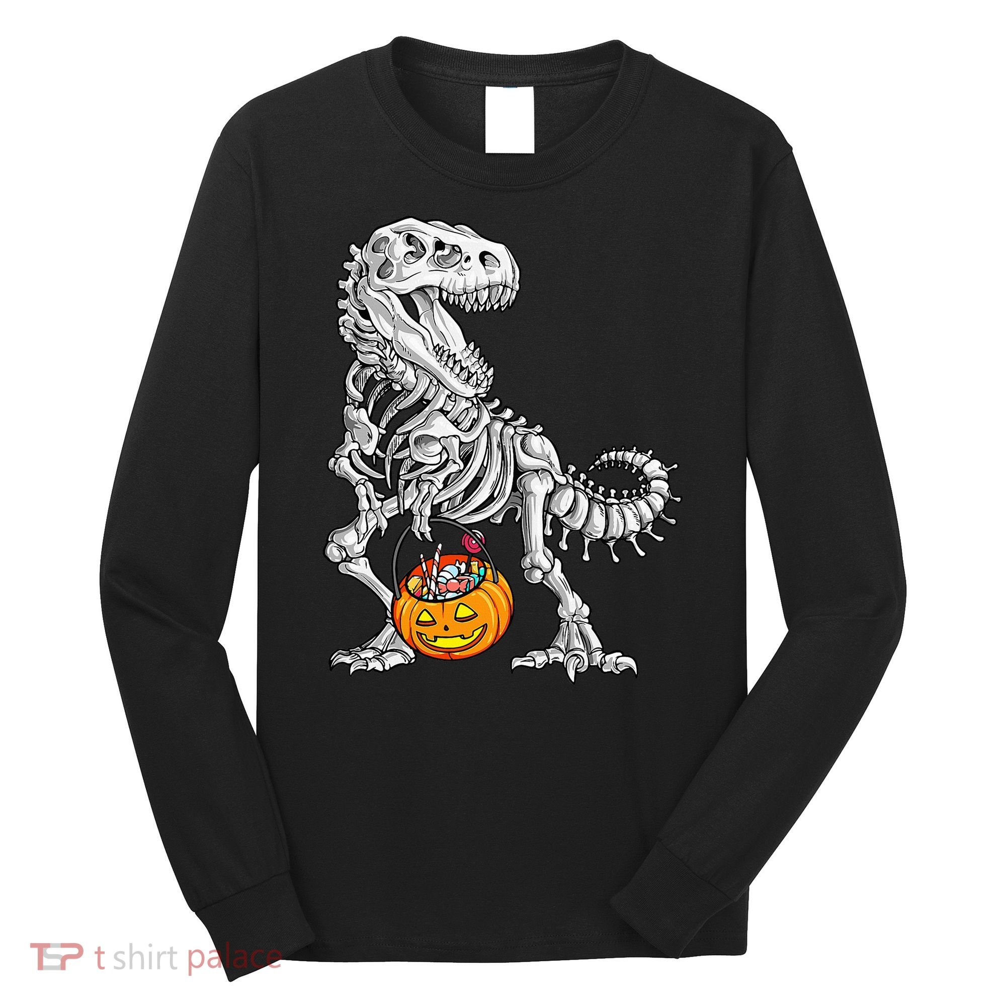 Kids Halloween Dinosaur Skeleton T Rex Funny Pumpkin Long Sleeve Shirt
