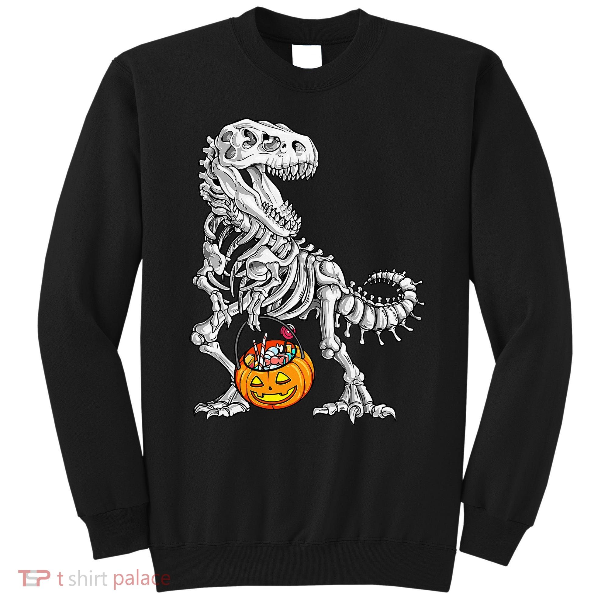 Kids Halloween Dinosaur Skeleton T Rex Funny Pumpkin Sweatshirt