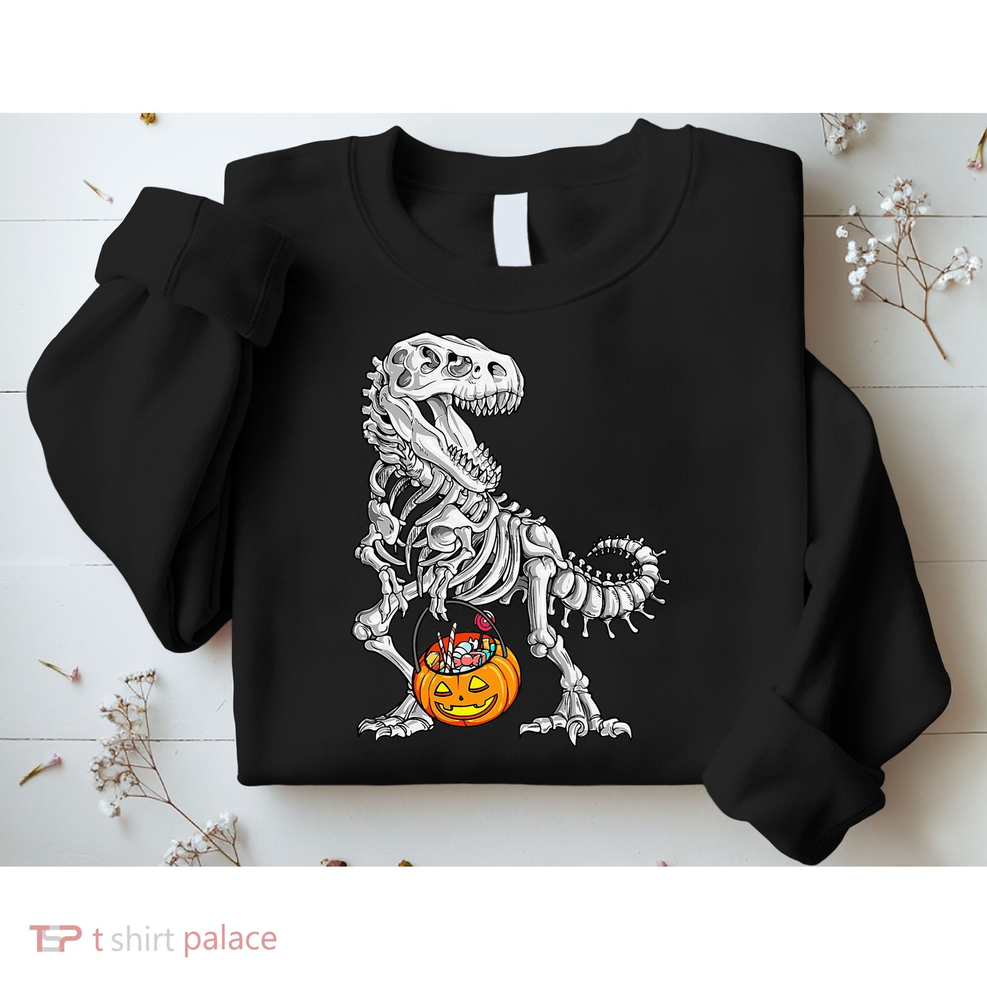 Kids Halloween Dinosaur Skeleton T Rex Funny Pumpkin Sweatshirt
