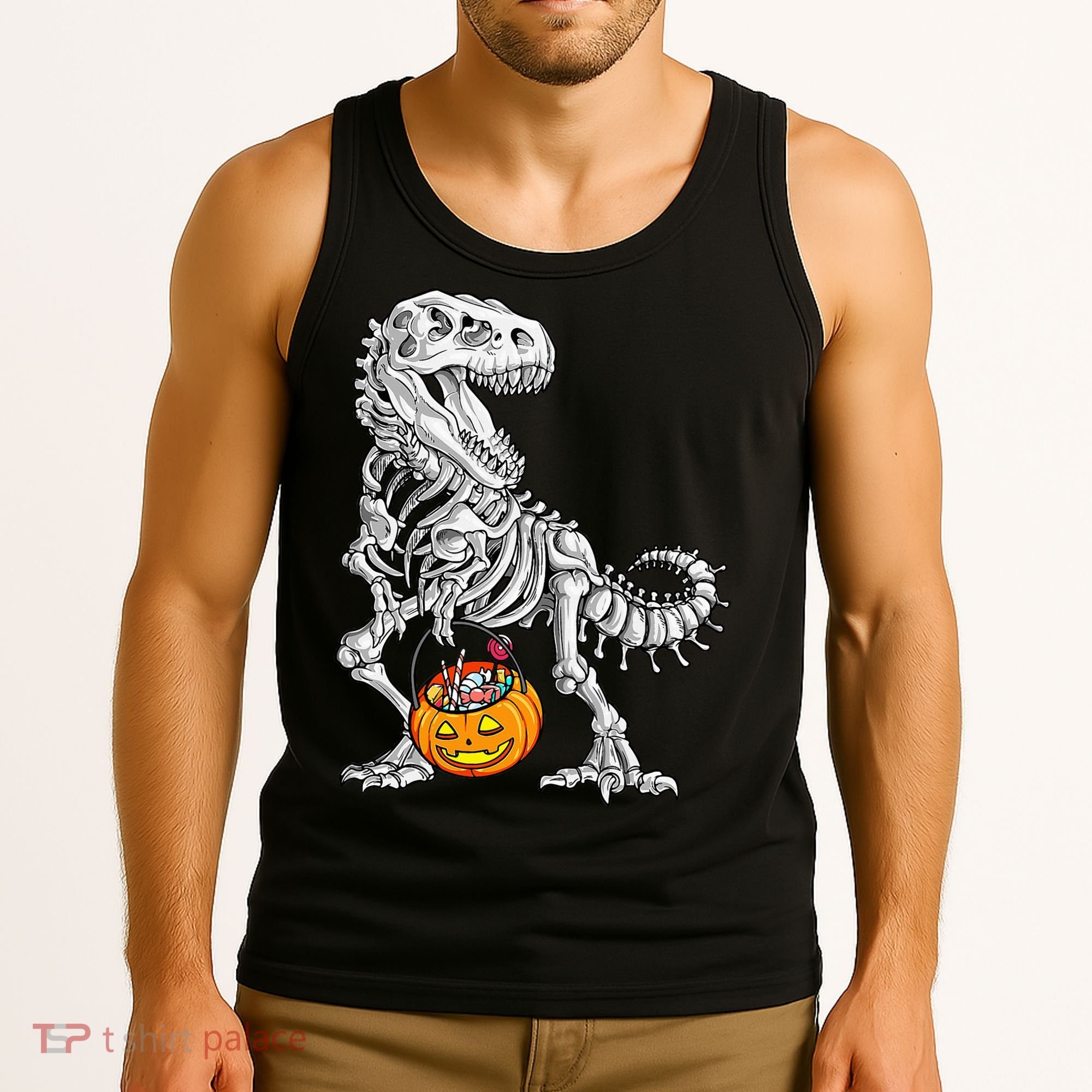 Kids Halloween Dinosaur Skeleton T Rex Funny Pumpkin Tank Top