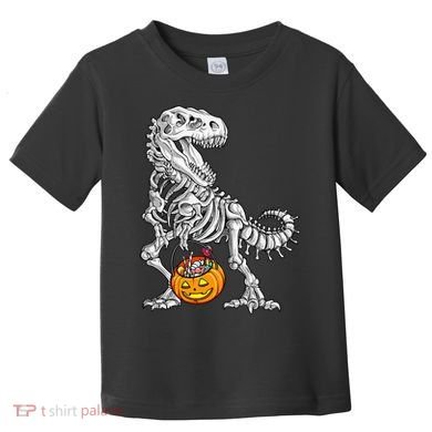 Kids Halloween Dinosaur Skeleton T Rex Funny Pumpkin Toddler T-Shirt