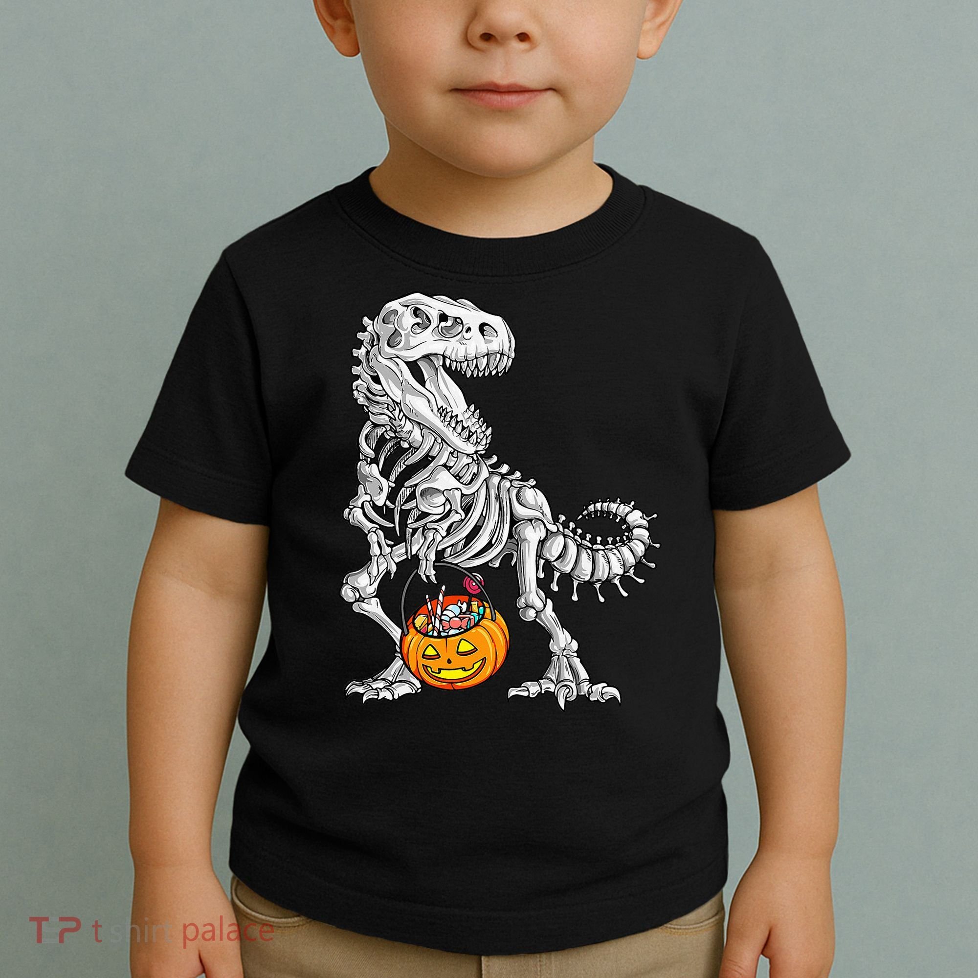 Kids Halloween Dinosaur Skeleton T Rex Funny Pumpkin Toddler T-Shirt