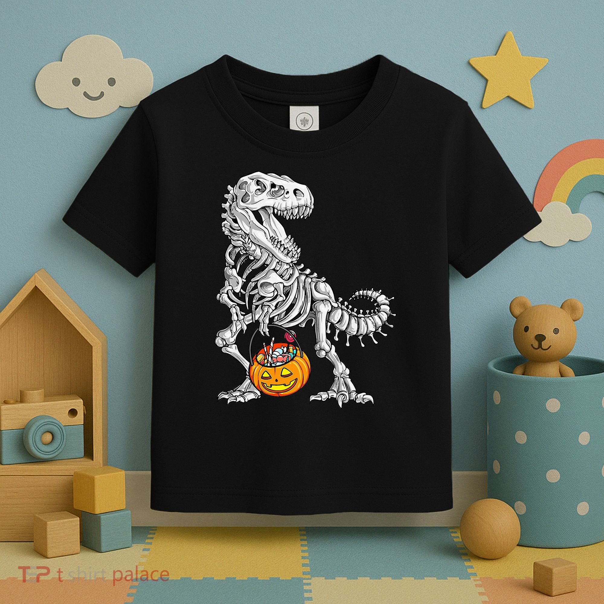 Kids Halloween Dinosaur Skeleton T Rex Funny Pumpkin Toddler T-Shirt