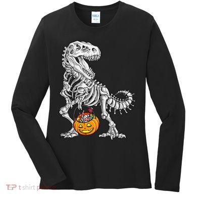 Kids Halloween Dinosaur Skeleton T Rex Funny Pumpkin Women's Long Sleeve Shirt