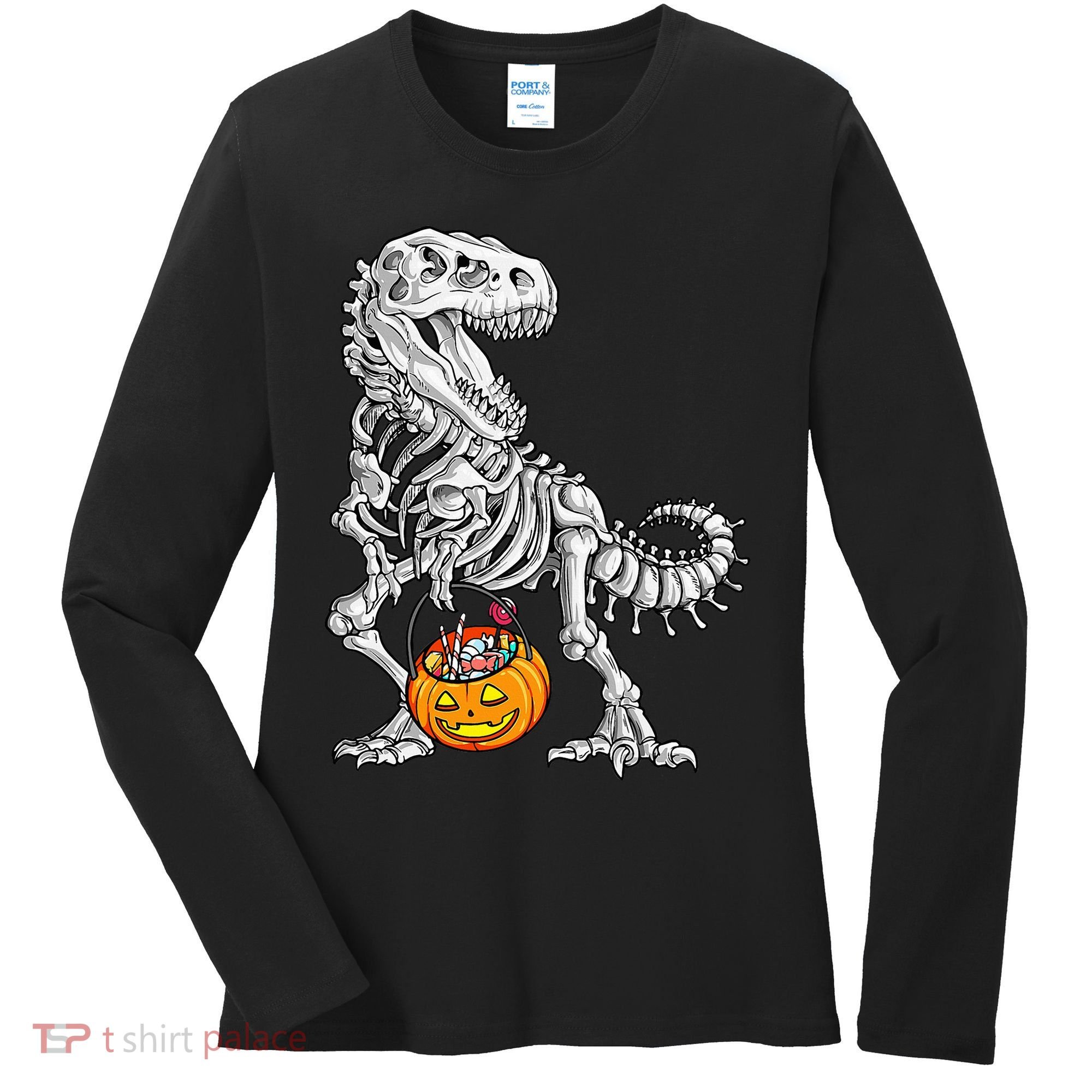 Kids Halloween Dinosaur Skeleton T Rex Funny Pumpkin Women's Long Sleeve Shirt