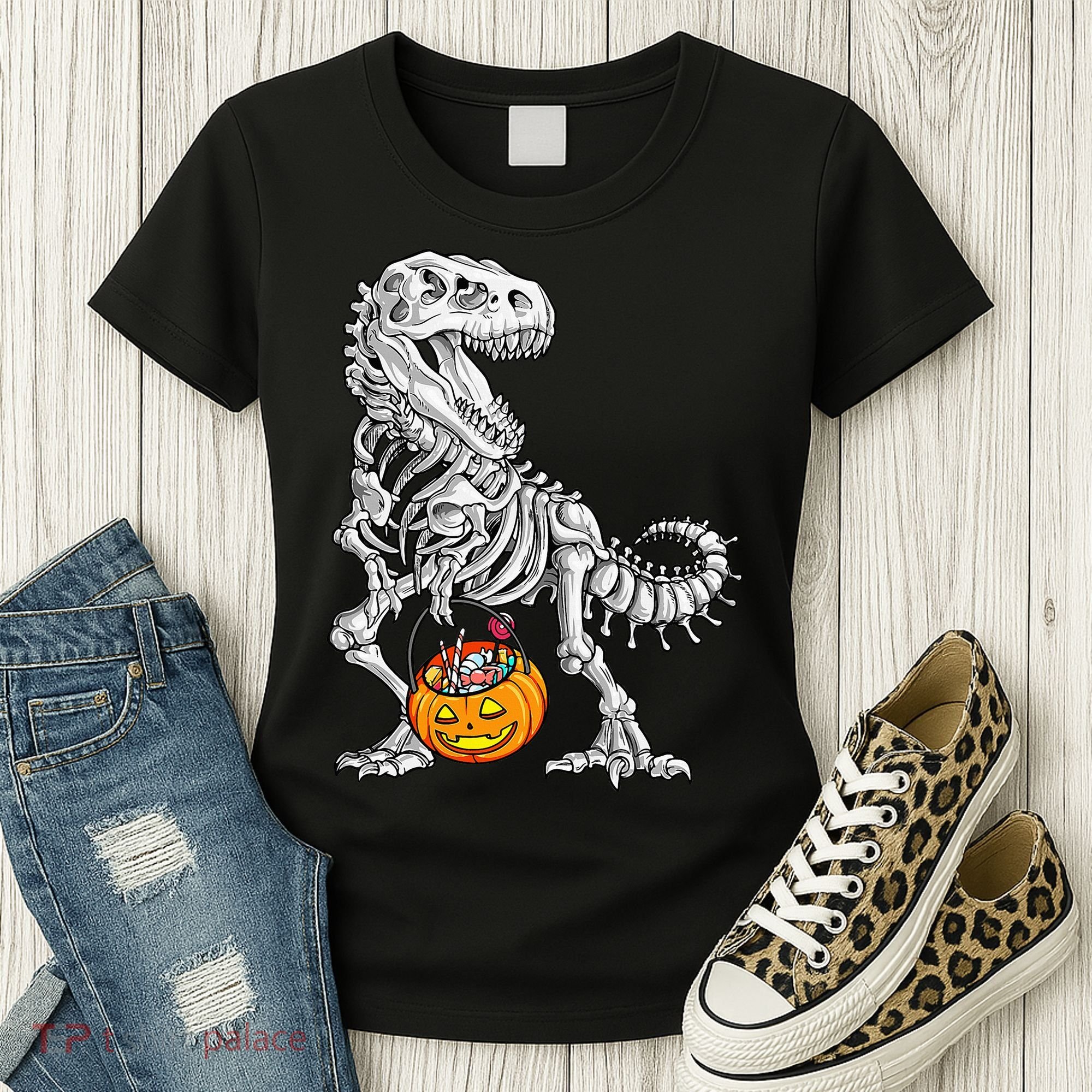Kids Halloween Dinosaur Skeleton T Rex Funny Pumpkin Women's T-Shirt