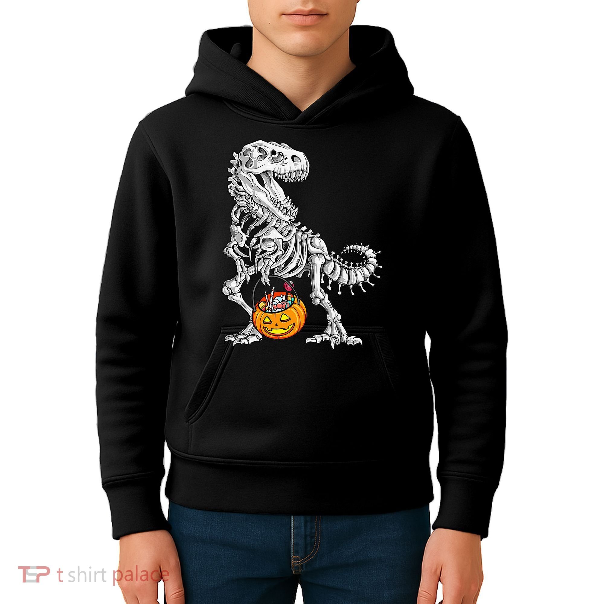 Kids Halloween Dinosaur Skeleton T Rex Funny Pumpkin Kids Hoodie