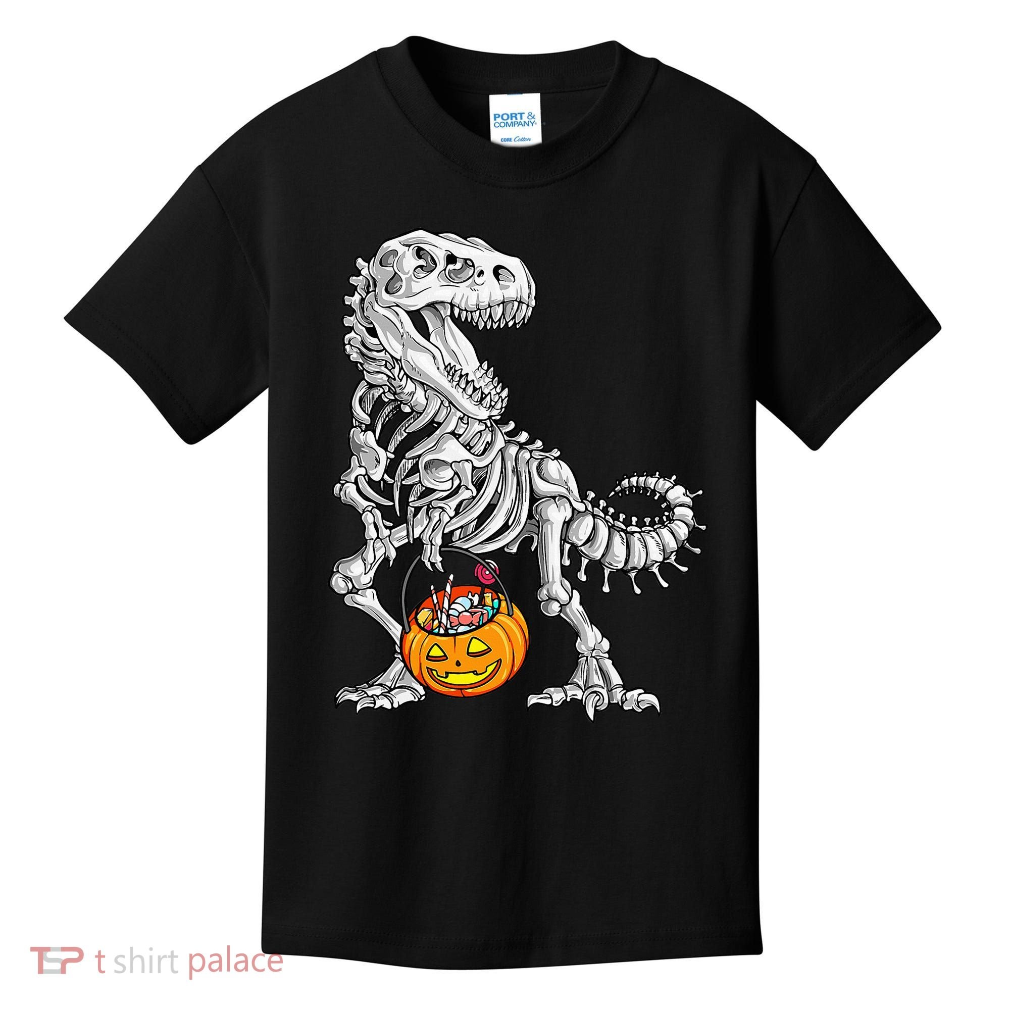 Kids Halloween Dinosaur Skeleton T Rex Funny Pumpkin Kids T-Shirt