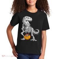Kids Halloween Dinosaur Skeleton T Rex Funny Pumpkin Kids T-Shirt thumb 2