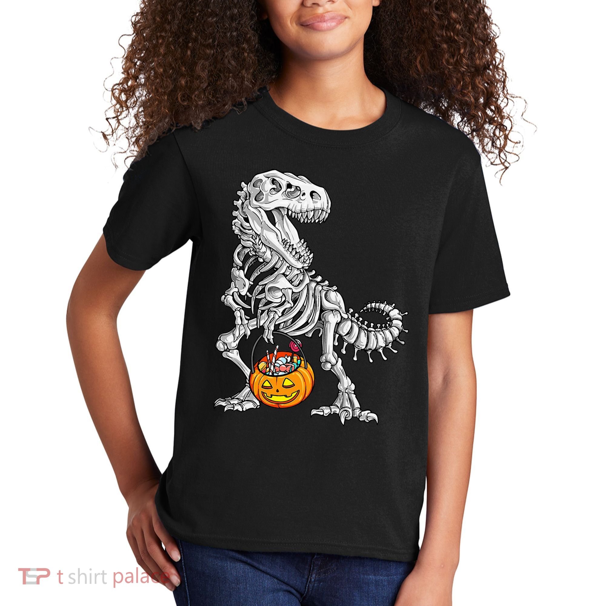 Kids Halloween Dinosaur Skeleton T Rex Funny Pumpkin Kids T-Shirt
