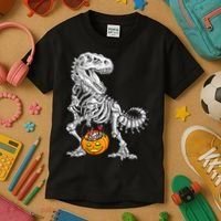 Kids Halloween Dinosaur Skeleton T Rex Funny Pumpkin Kids T-Shirt thumb 3