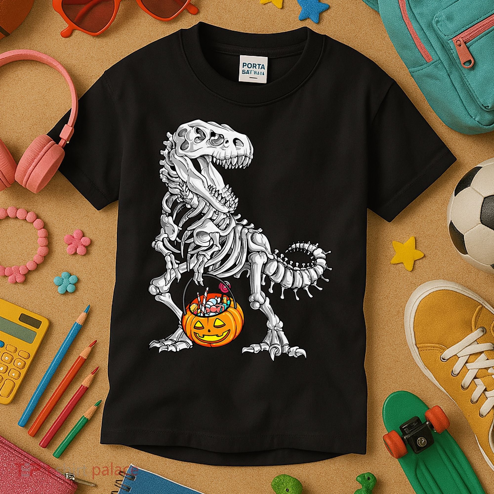 Kids Halloween Dinosaur Skeleton T Rex Funny Pumpkin Kids T-Shirt