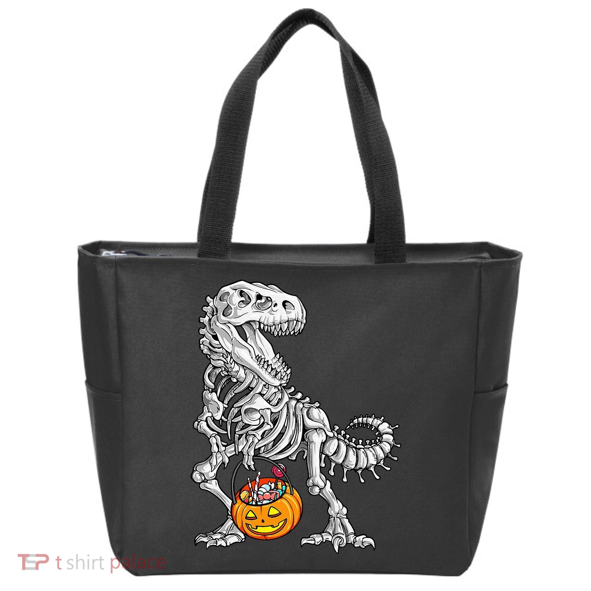 Kids Halloween Dinosaur Skeleton T Rex Funny Pumpkin Tote Bag