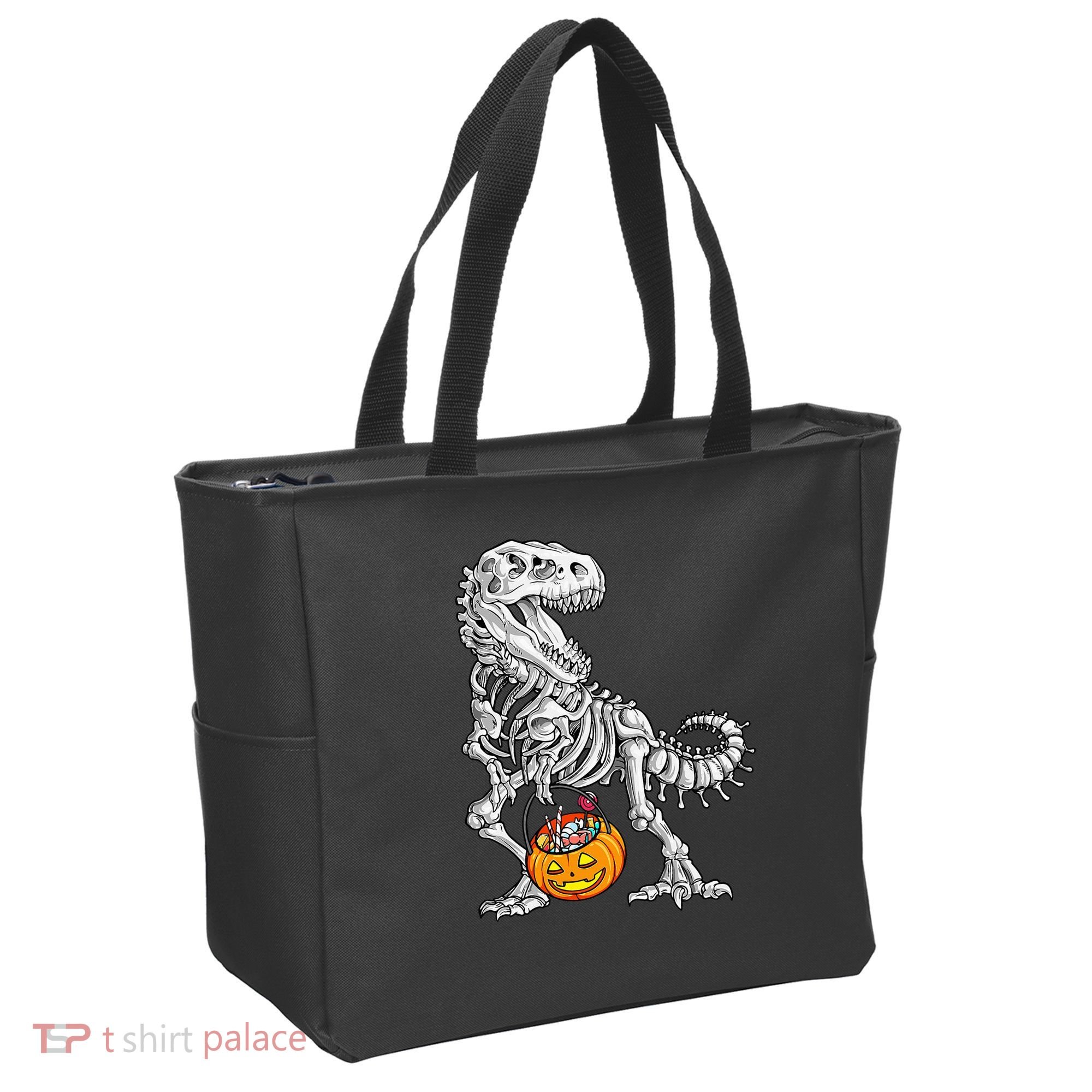 Kids Halloween Dinosaur Skeleton T Rex Funny Pumpkin Tote Bag