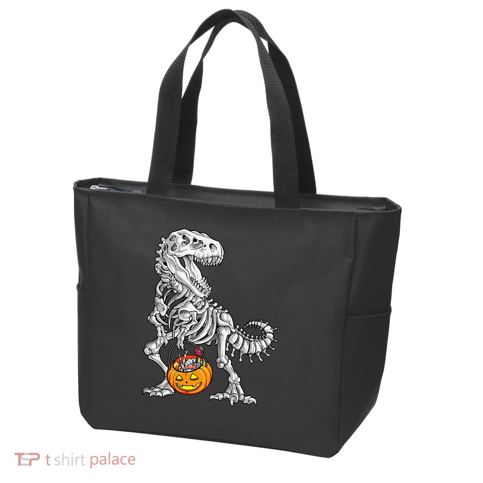 Kids Halloween Dinosaur Skeleton T Rex Funny Pumpkin Tote Bag