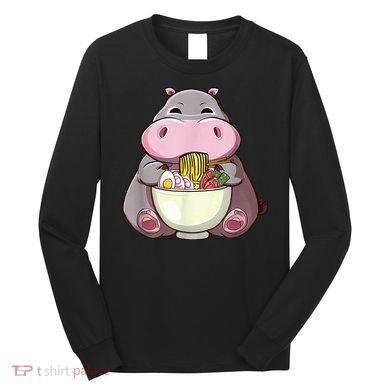 Kawaii Hippo Eats Ramen Daddy Mom Long Sleeve Shirt