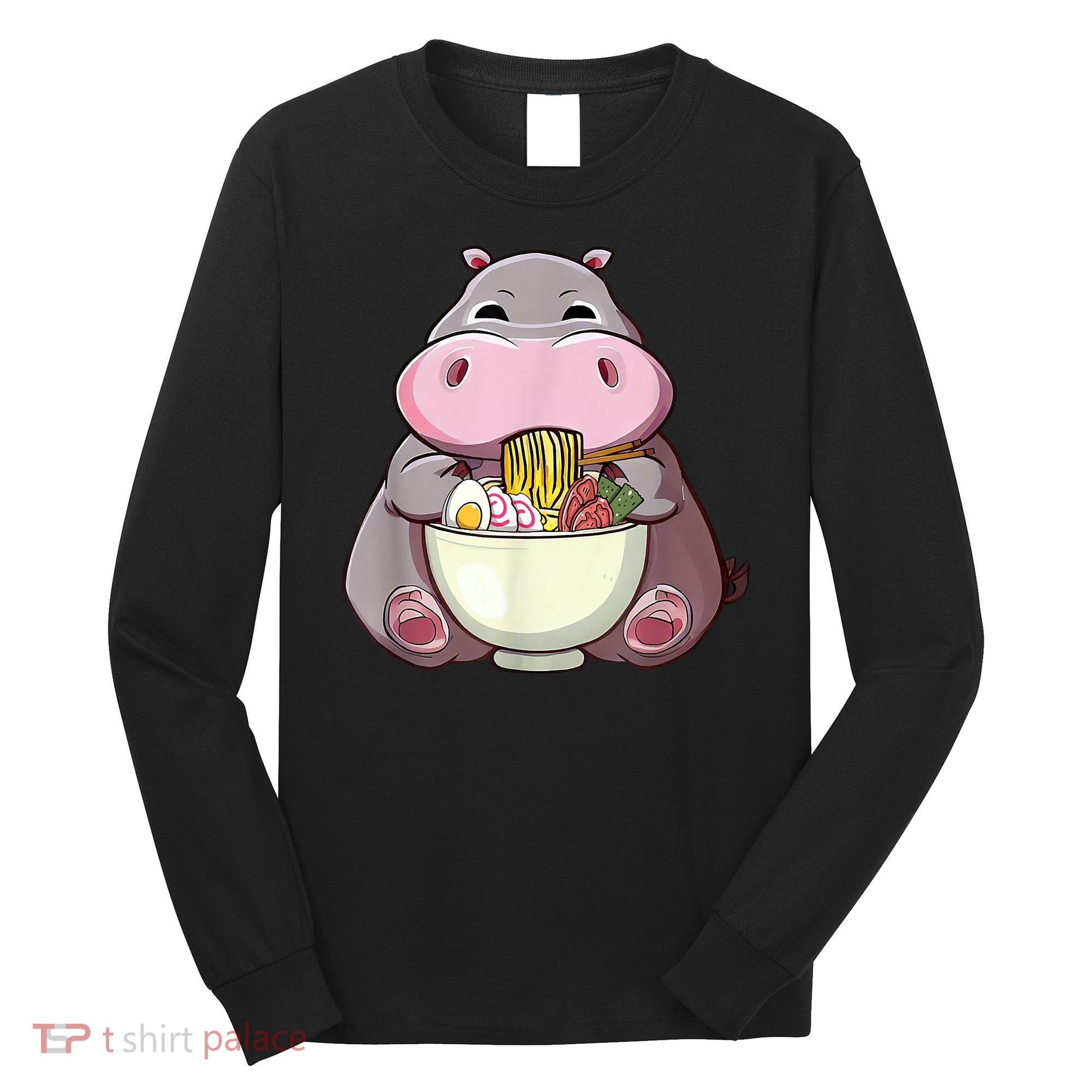Kawaii Hippo Eats Ramen Daddy Mom Long Sleeve Shirt