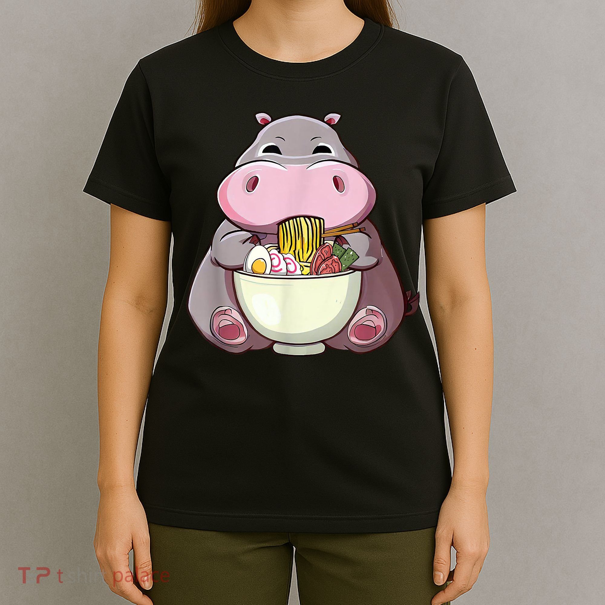 Kawaii Hippo Eats Ramen Daddy Mom T-Shirt