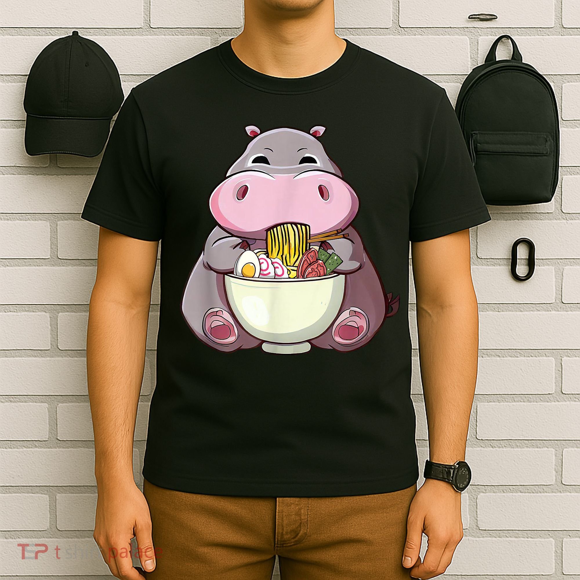 Kawaii Hippo Eats Ramen Daddy Mom T-Shirt