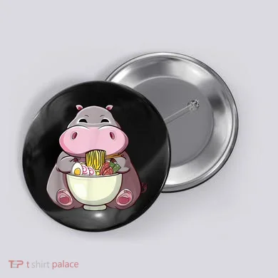Kawaii Hippo Eats Ramen Daddy Mom Button