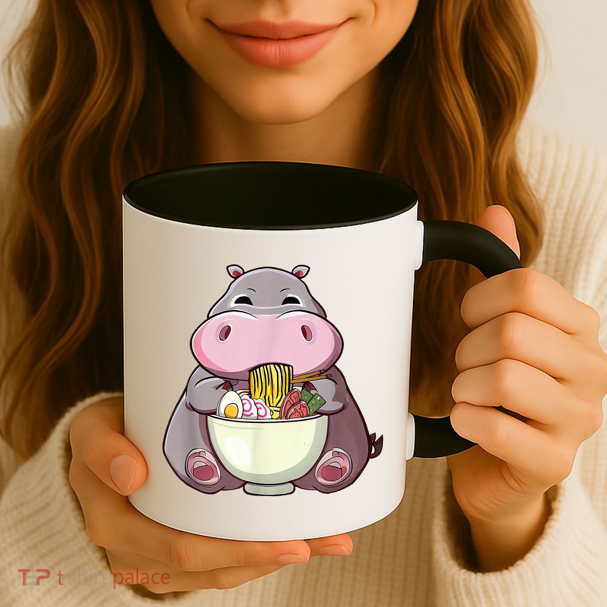 Kawaii Hippo Eats Ramen Daddy Mom Coffee Mug