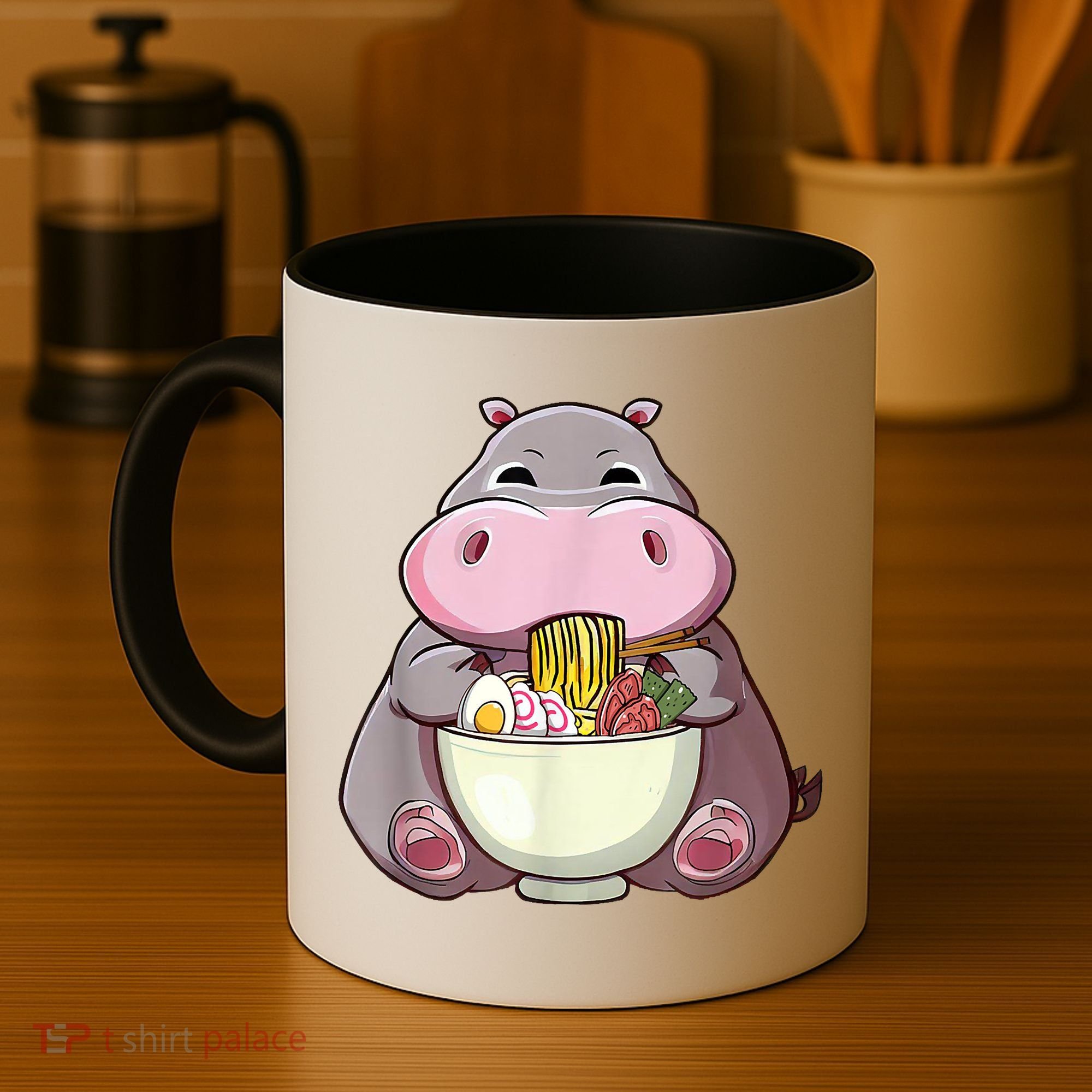 Kawaii Hippo Eats Ramen Daddy Mom Coffee Mug