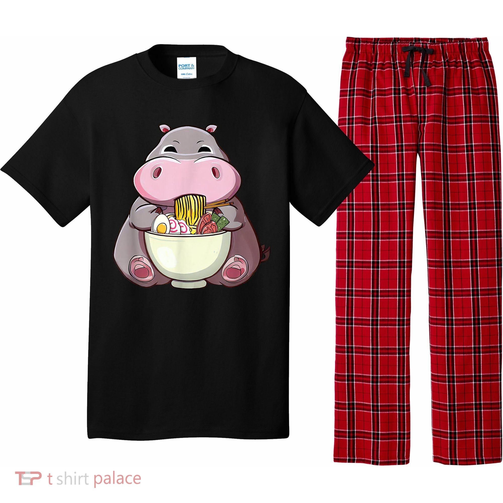 Kawaii Hippo Eats Ramen Daddy Mom Pajama Set