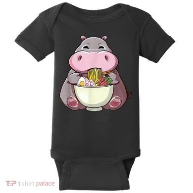 Kawaii Hippo Eats Ramen Daddy Mom Baby Bodysuit