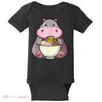 Kawaii Hippo Eats Ramen Daddy Mom Baby Bodysuit thumb 0