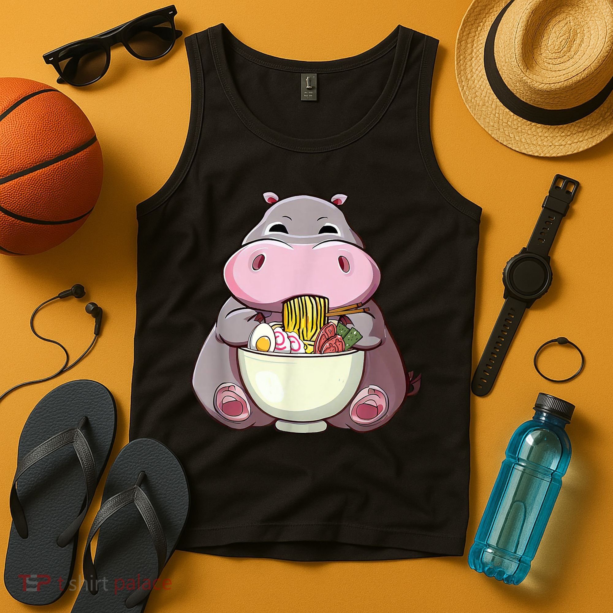 Kawaii Hippo Eats Ramen Daddy Mom Tank Top