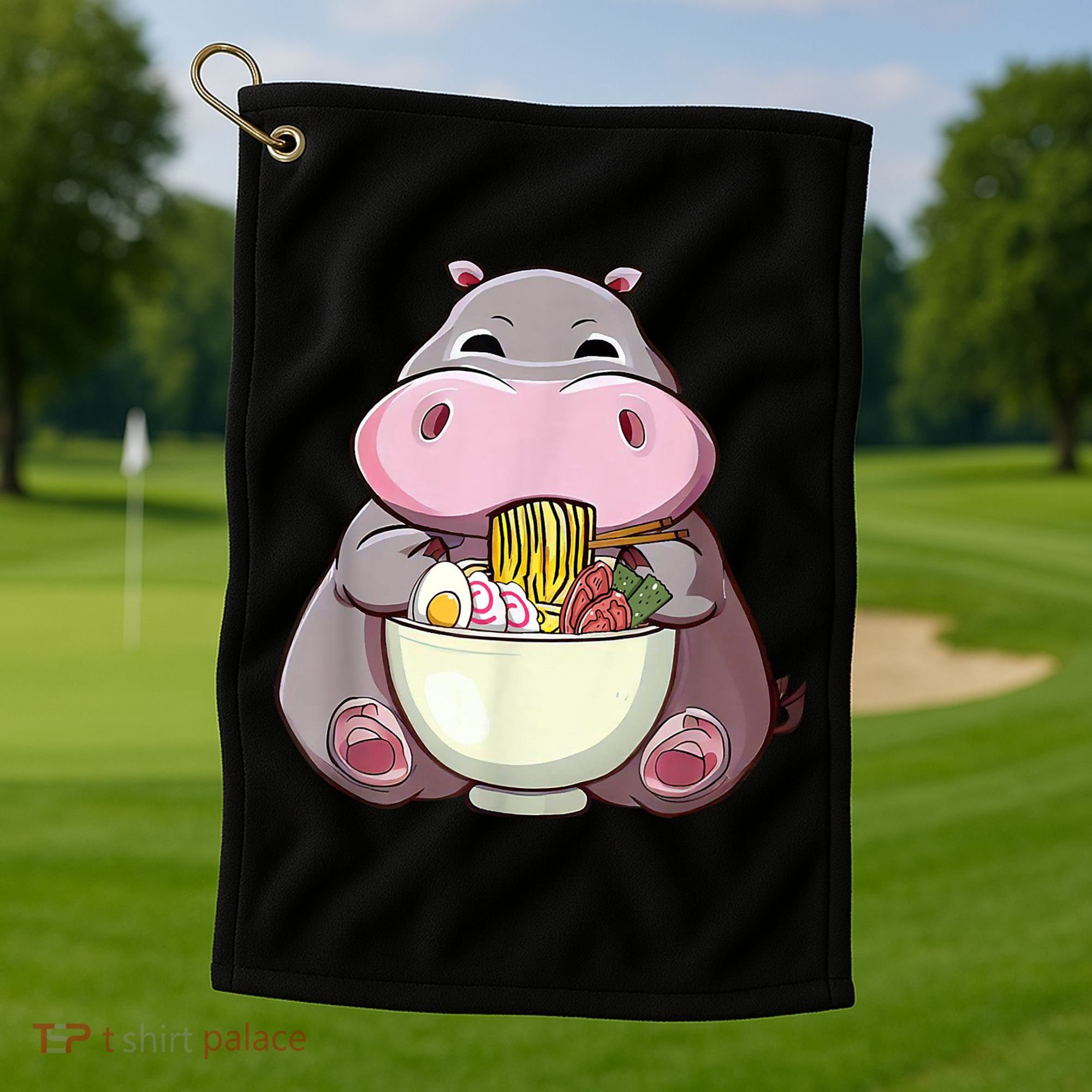 Kawaii Hippo Eats Ramen Daddy Mom Golf Towel