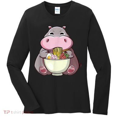 Kawaii Hippo Eats Ramen Daddy Mom Women's Long Sleeve Shirt