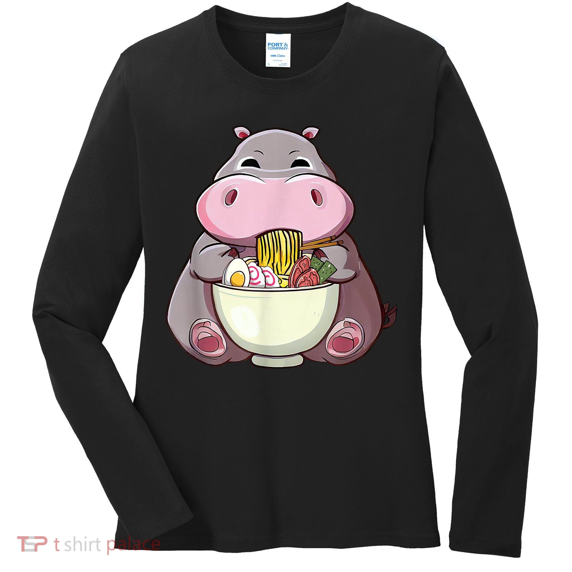 Kawaii Hippo Eats Ramen Daddy Mom Women's Long Sleeve Shirt