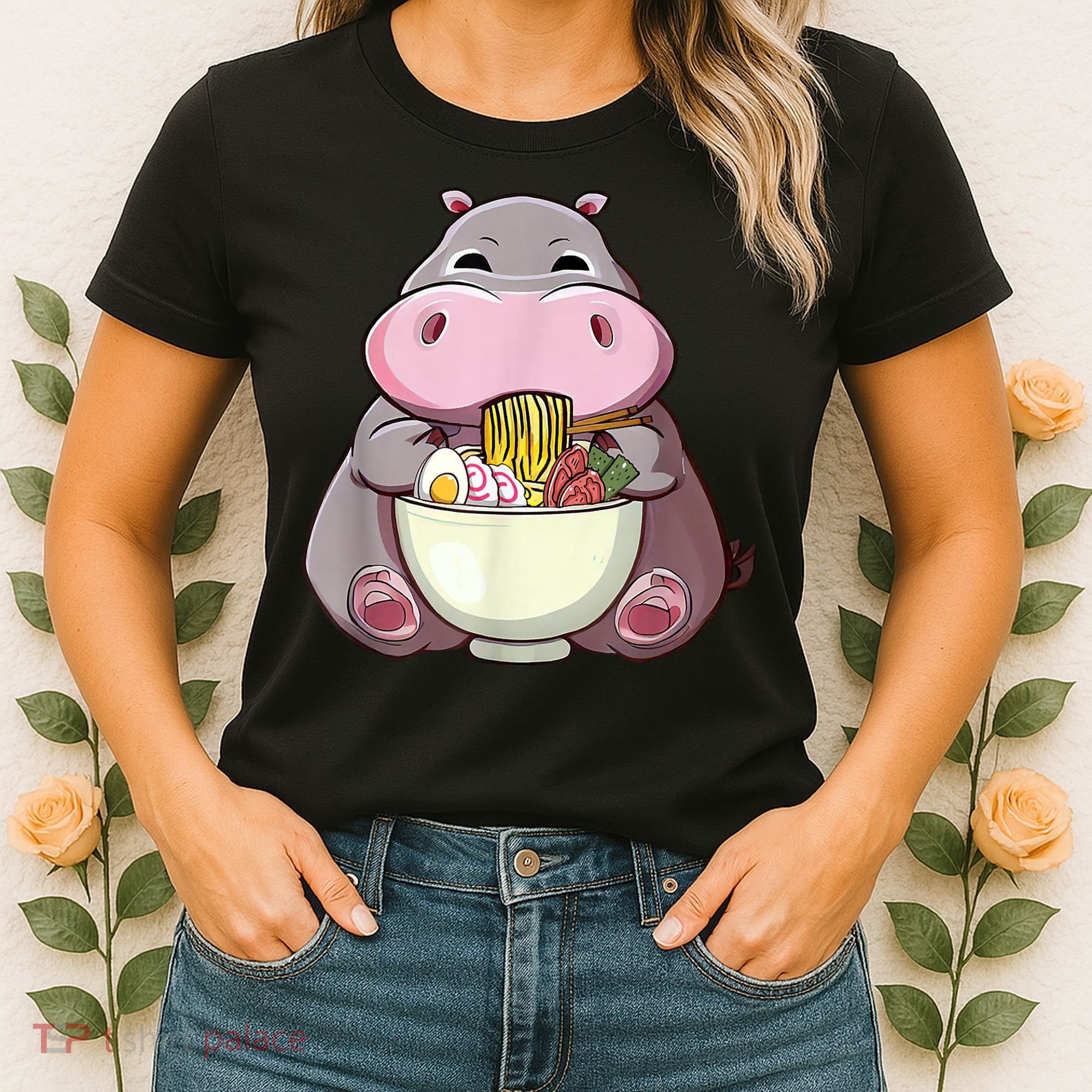 Kawaii Hippo Eats Ramen Daddy Mom Women's T-Shirt