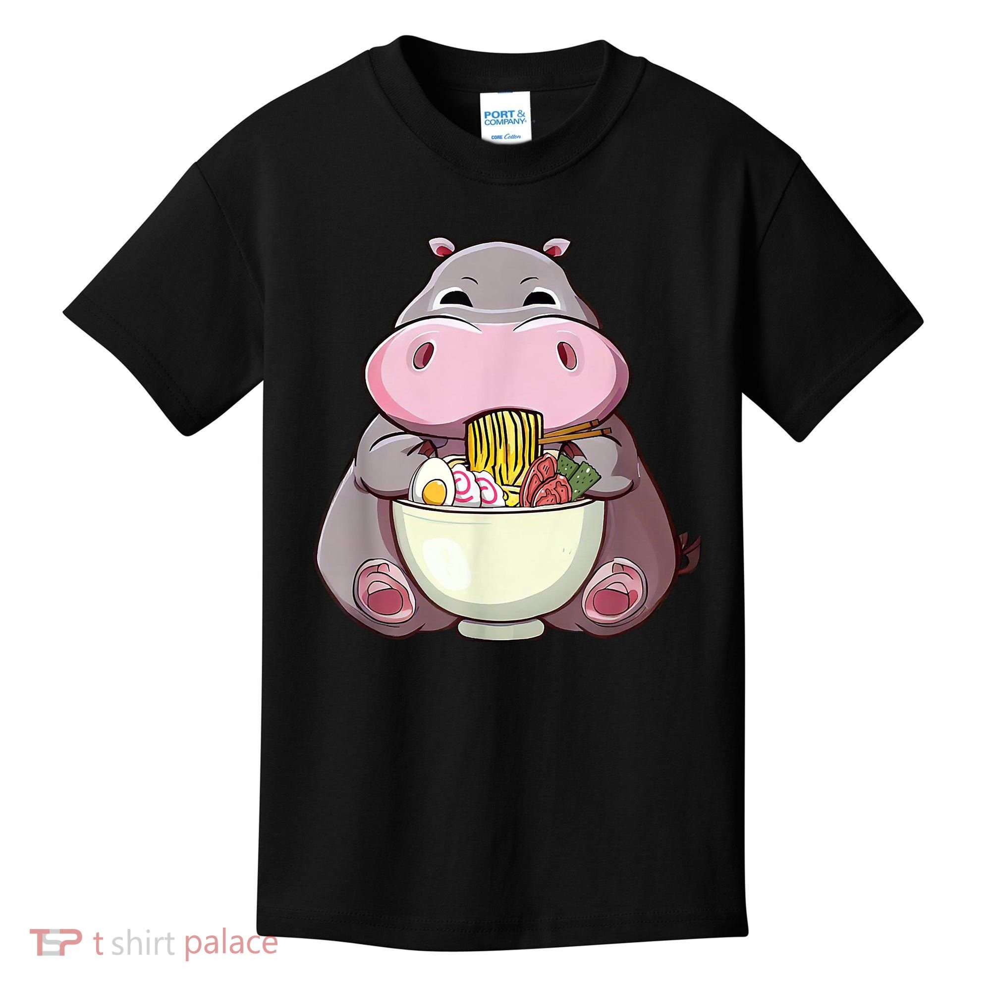 Kawaii Hippo Eats Ramen Daddy Mom Kids T-Shirt