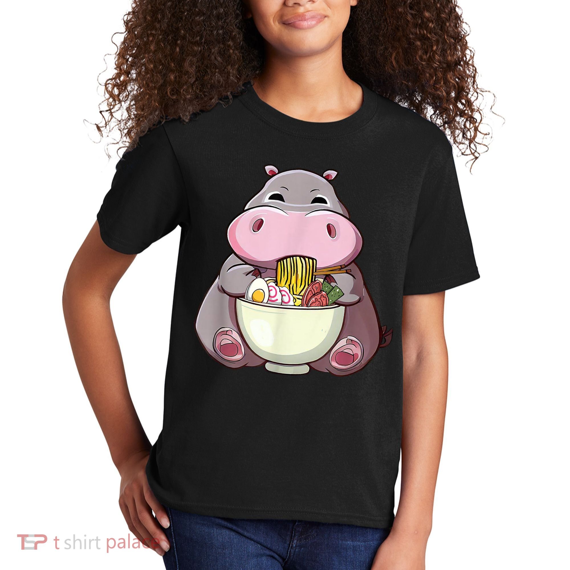 Kawaii Hippo Eats Ramen Daddy Mom Kids T-Shirt