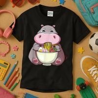 Kawaii Hippo Eats Ramen Daddy Mom Kids T-Shirt thumb 3