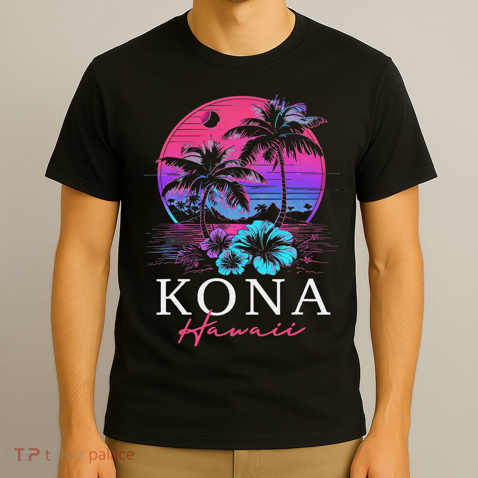 Kona Hawaii Hawaiian Hibiscus Flowers Surfer Souvenir T-Shirt