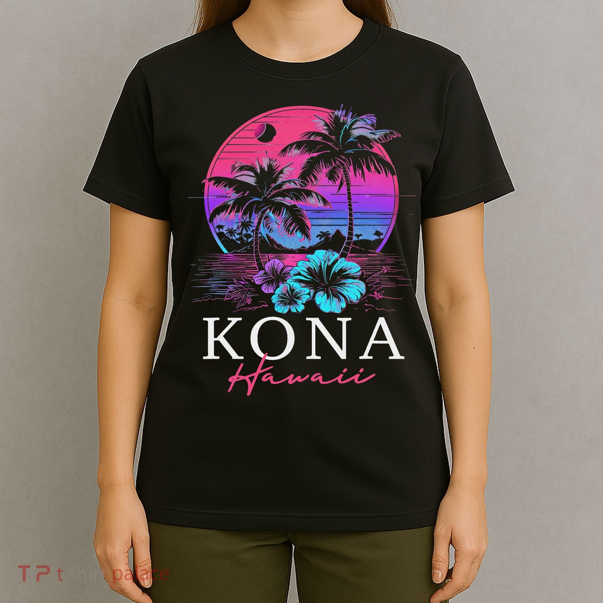 Kona Hawaii Hawaiian Hibiscus Flowers Surfer Souvenir T-Shirt