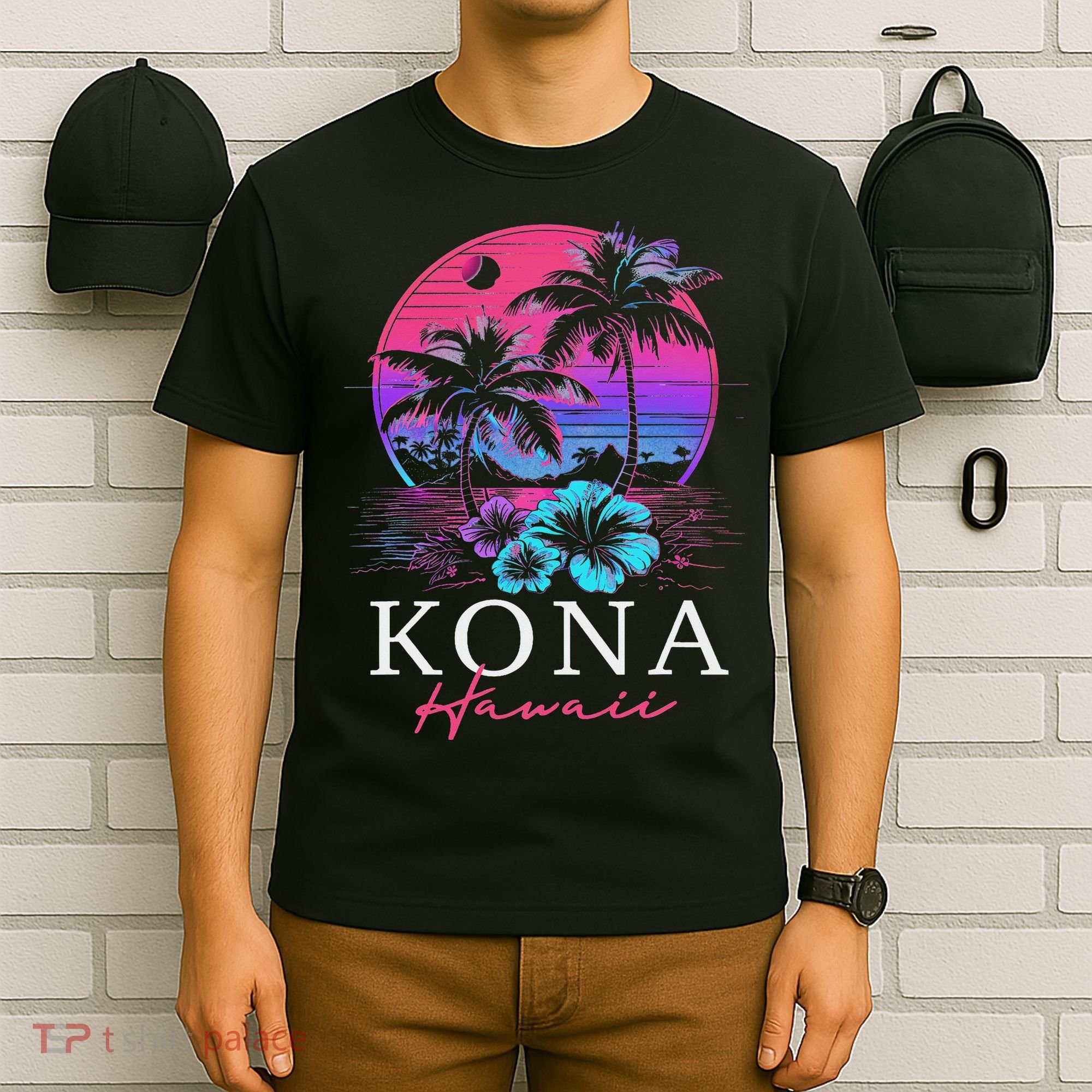 Kona Hawaii Hawaiian Hibiscus Flowers Surfer Souvenir T-Shirt