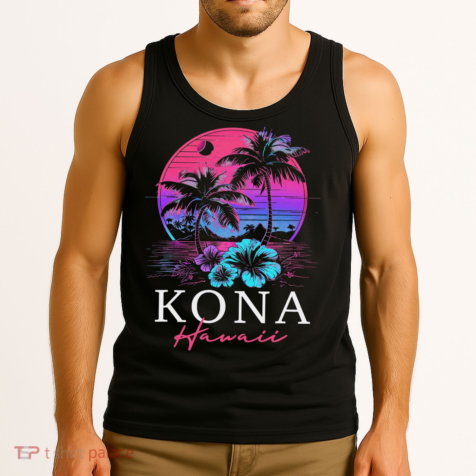 Kona Hawaii Hawaiian Hibiscus Flowers Surfer Souvenir Tank Top
