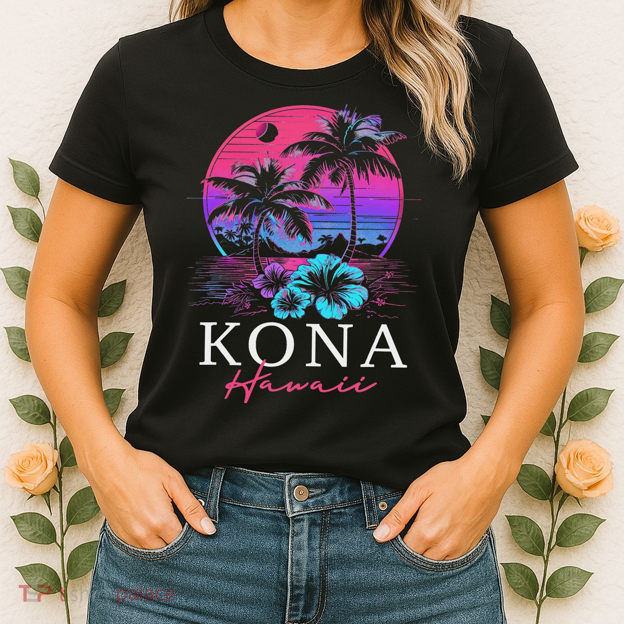 Kona Hawaii Hawaiian Hibiscus Flowers Surfer Souvenir Women's T-Shirt