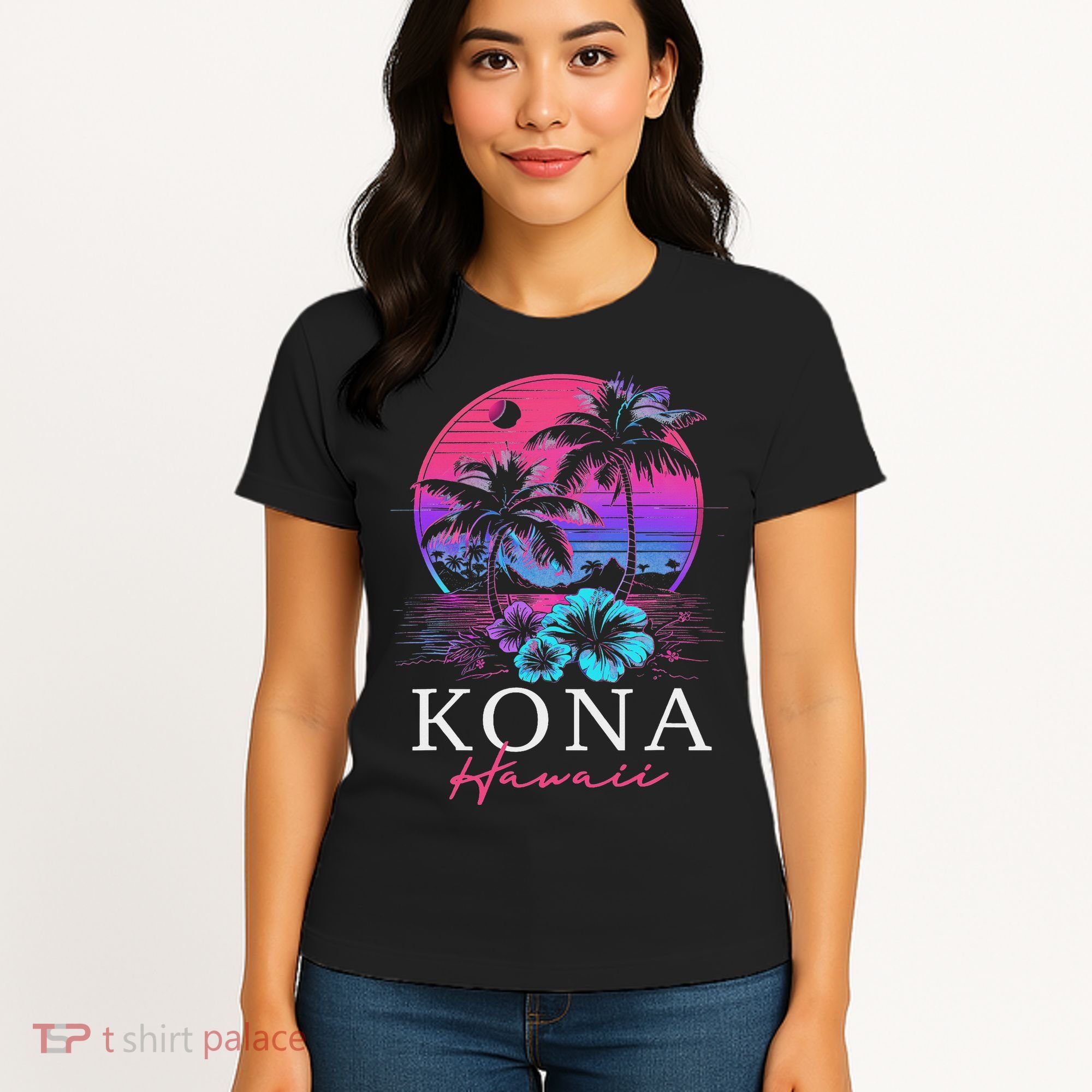 Kona Hawaii Hawaiian Hibiscus Flowers Surfer Souvenir Women's T-Shirt