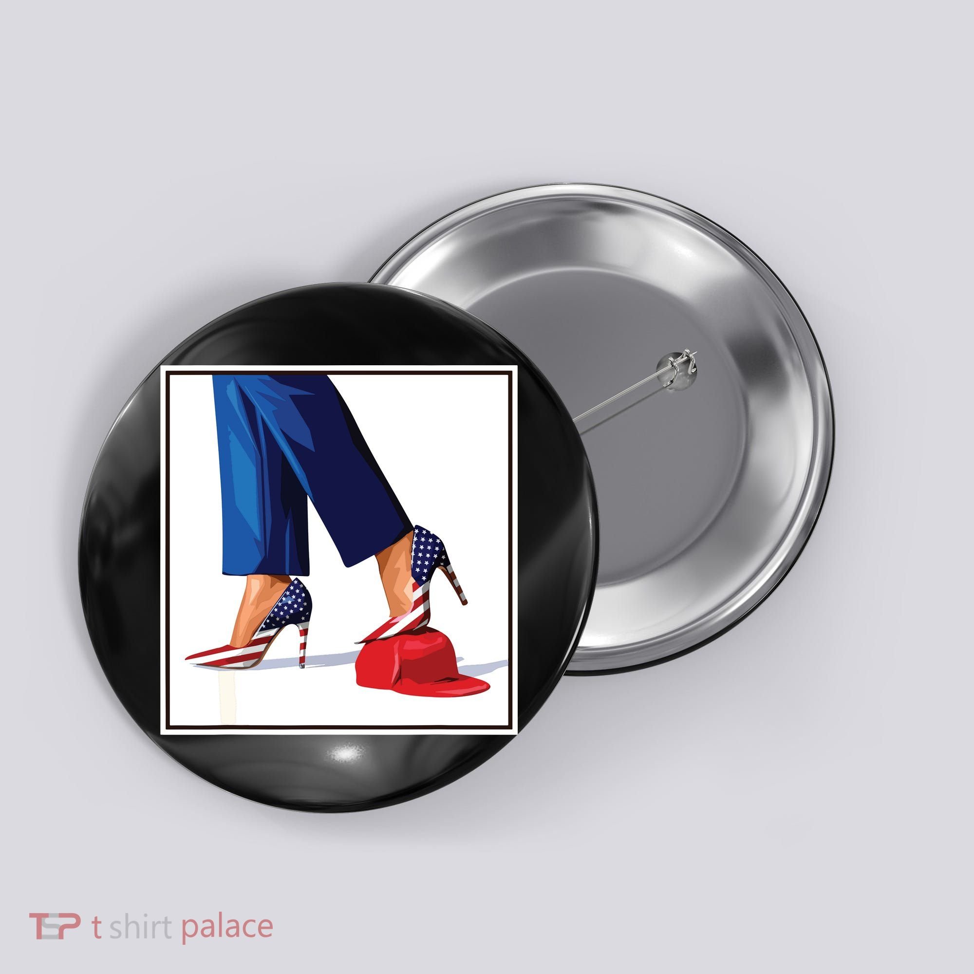 Kamala Harris Heels Stepping On Maga Red Hat Button