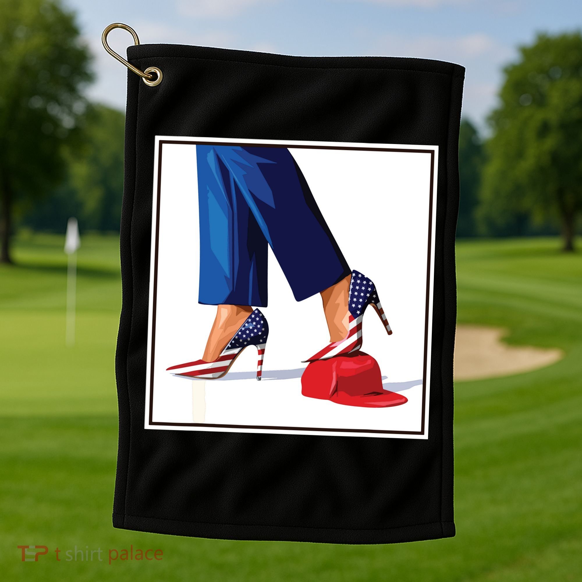 Kamala Harris Heels Stepping On Maga Red Hat Golf Towel