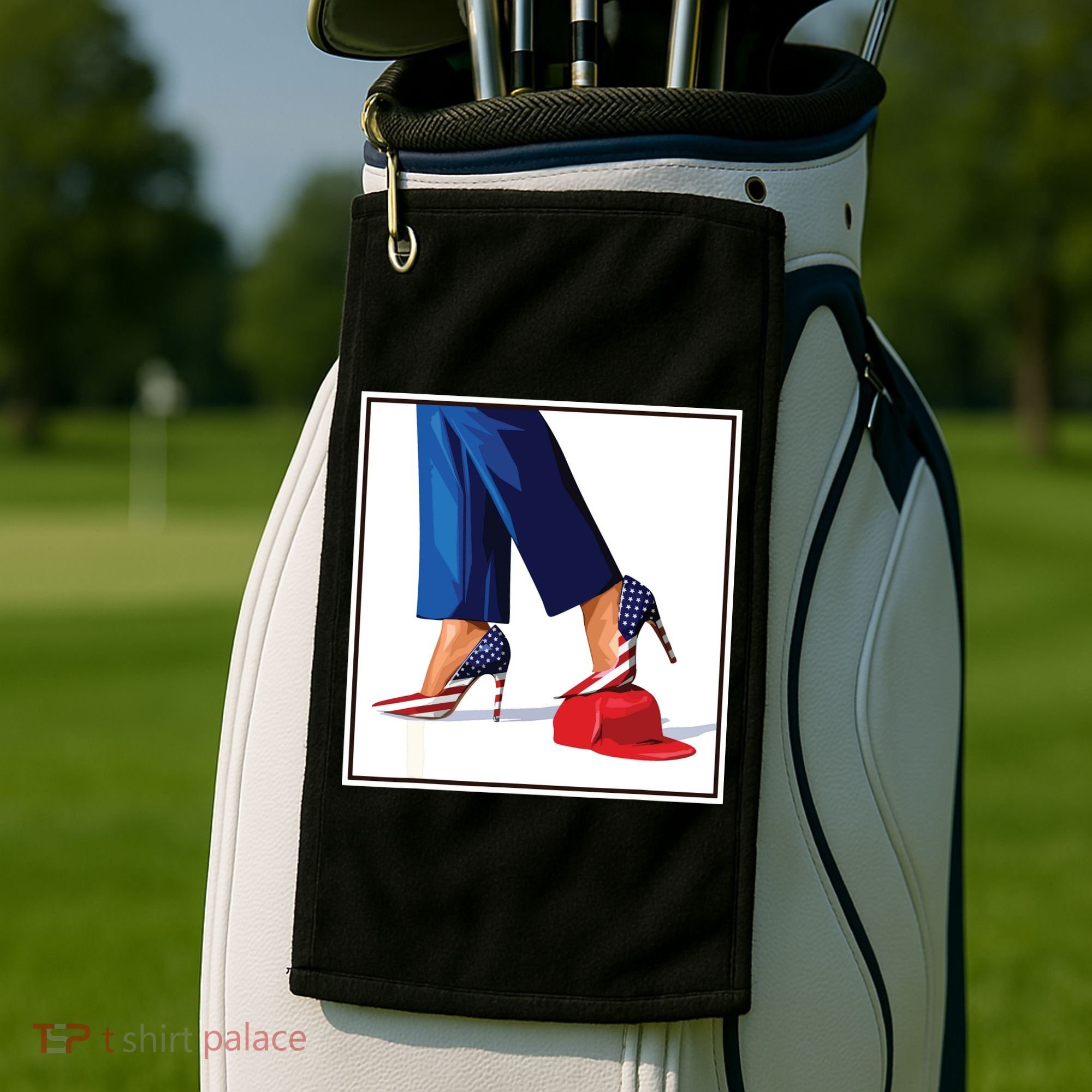 Kamala Harris Heels Stepping On Maga Red Hat Golf Towel