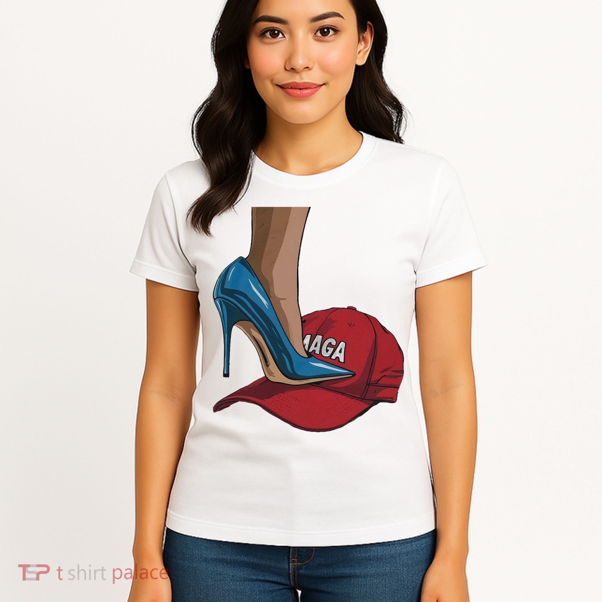 Kamala Harris Heels Stepping On Maga Hat Harris Walz 2024 Women's T-Shirt