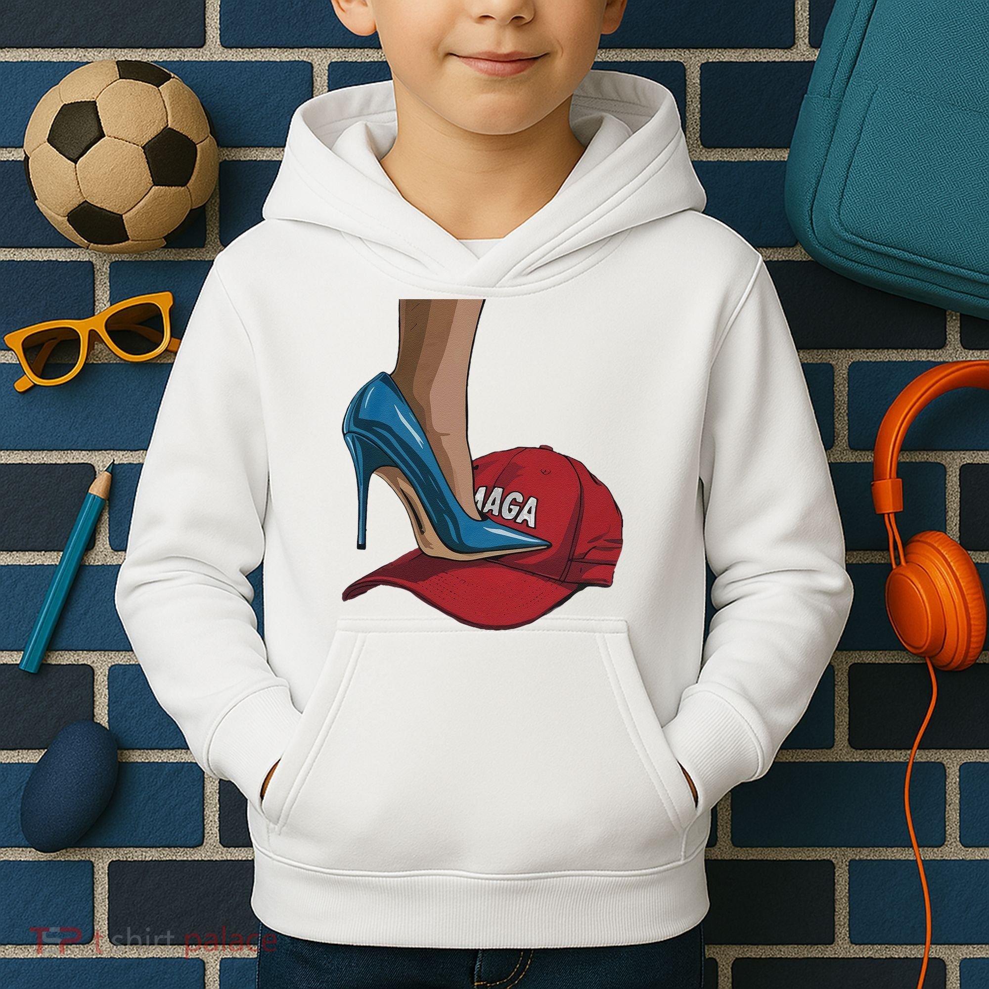 Kamala Harris Heels Stepping On Maga Hat Harris Walz 2024 Kids Hoodie